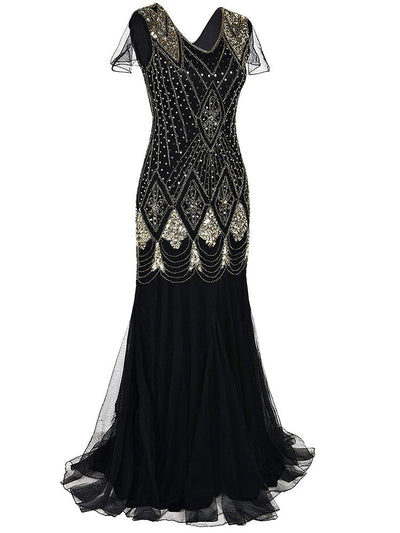 Svart Och Guld Lång Haute Couture Gatsby-Klänning