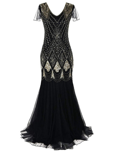 Svart Och Guld Lång Haute Couture Gatsby-Klänning