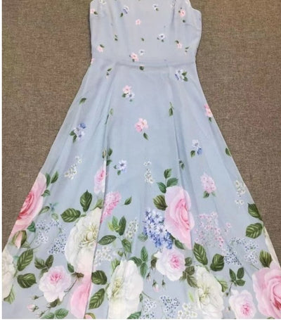 Vintage Blå Blommig Lång Klänning