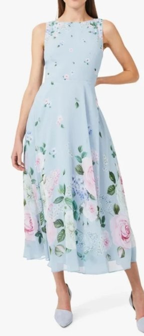 Vintage Blå Blommig Lång Klänning
