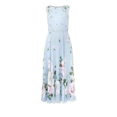 Vintage Blå Blommig Lång Klänning