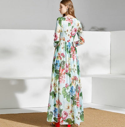 Grön Vintage Blommig Lång Klänning
