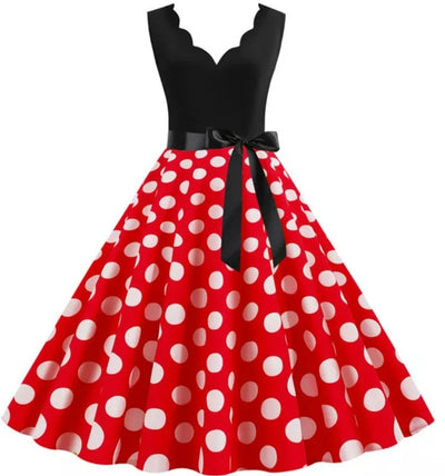 Vintage Röd Polka Dot Klänning För Kvinnor