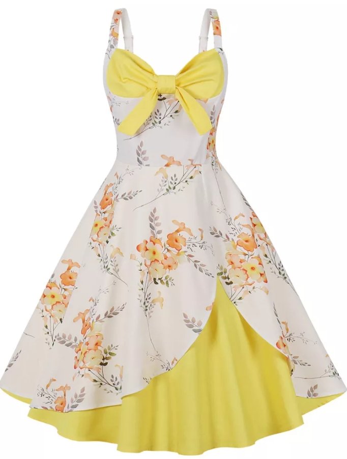 Petite Vintage Gul Och Vit Blommig Klänning