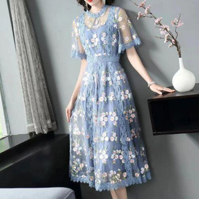 Blå Klänning Vintage Blommor