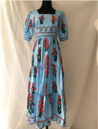 Kort Vintage Blommig Klänning Blå
