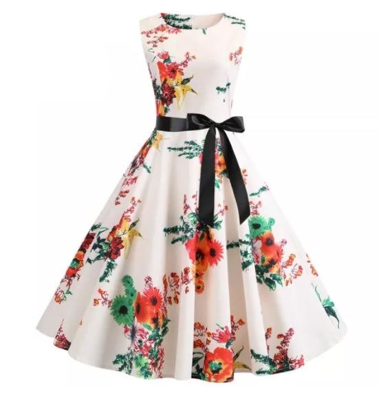 Beige Och Rosa Vintage Utsvängd Klänning