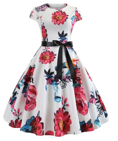 Vit Och Rosa Vintage Utsvängd Klänning
