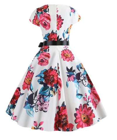 Vit Och Rosa Vintage Utsvängd Klänning