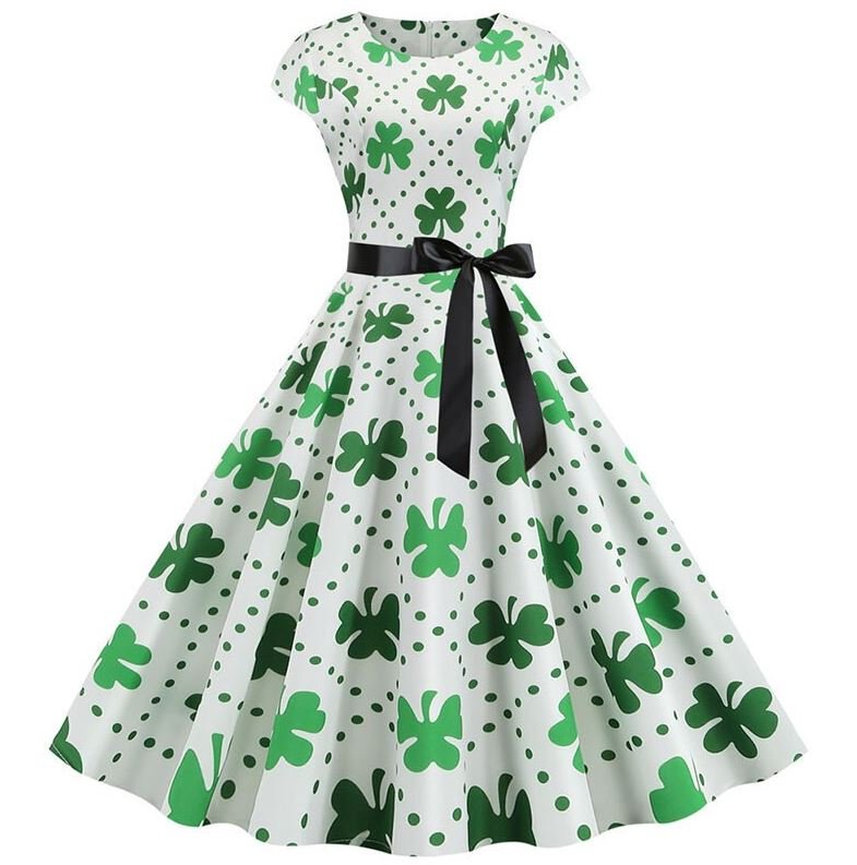 Vintage Vit Polka Dot Blomma Utsvängda Klänning