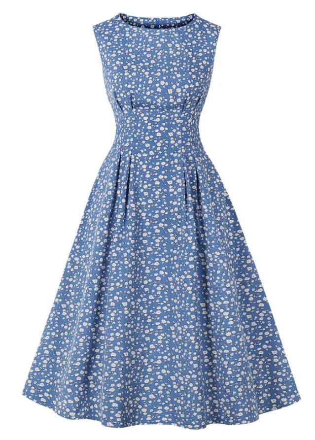 Vintage Blå Utsvängd Klänning Med Vita Blommor