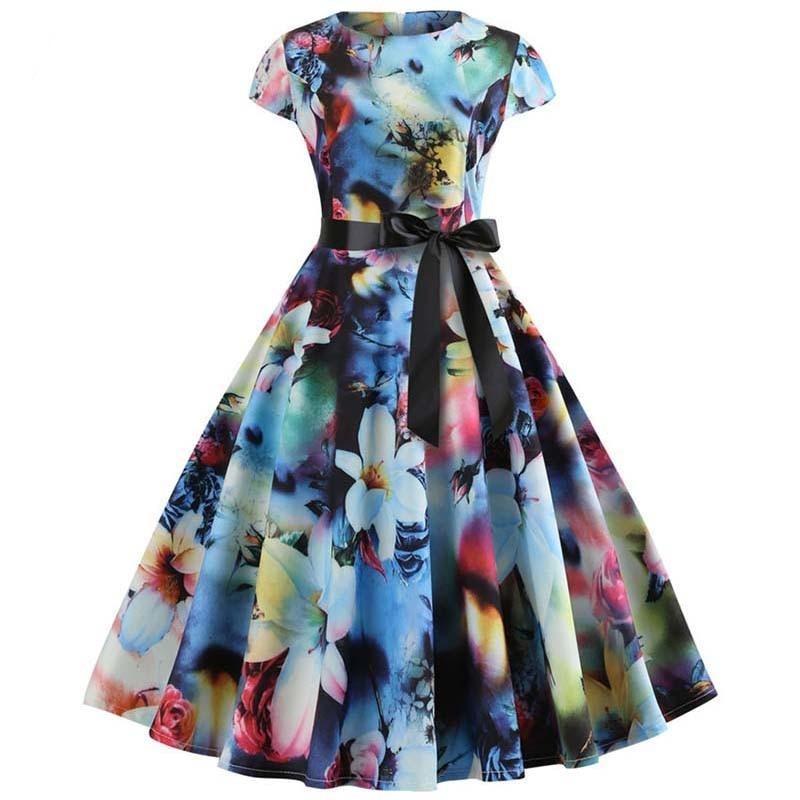 Vintage Pastellblommor Utsvängda Klänning