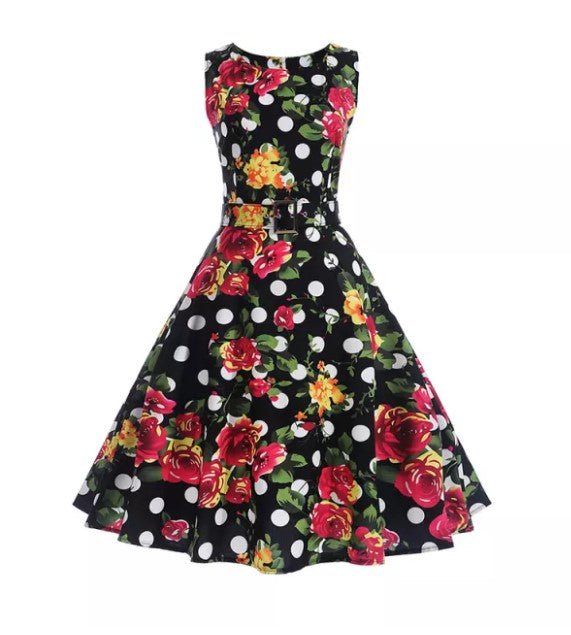 Vintage Marinblå Polka Dot Blommor Utsvängda Klänning