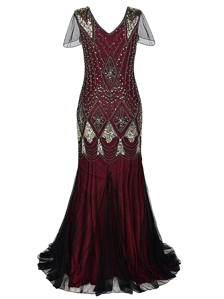Burgundy Haute Couture Lång Gatsby Klänning