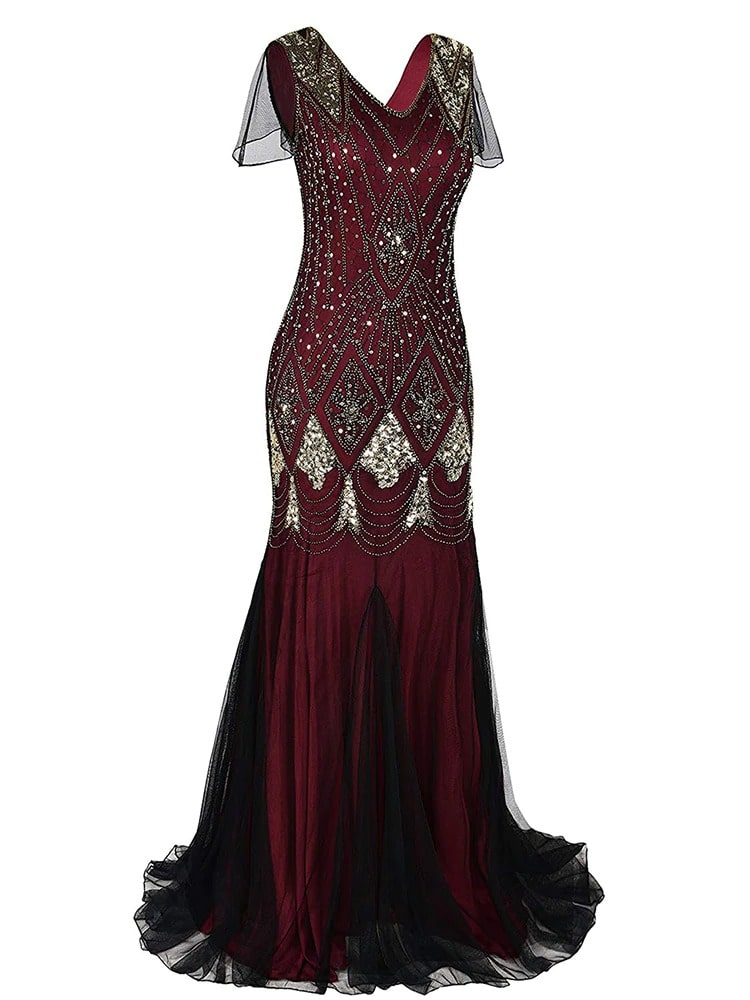 Burgundy Haute Couture Lång Gatsby Klänning