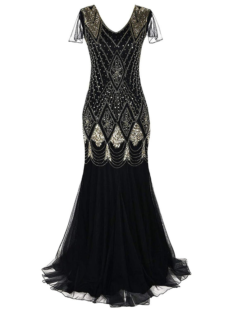 Svart Och Guld Lång Haute Couture Gatsby-Klänning