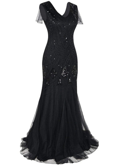 Lång Svart Haute Couture Gatsby-Klänning