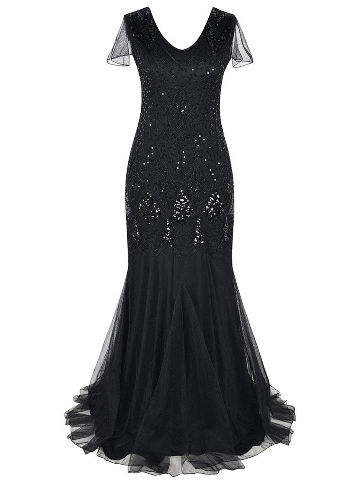 Lång Svart Haute Couture Gatsby-Klänning