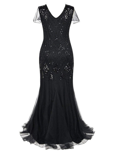 Lång Svart Haute Couture Gatsby-Klänning