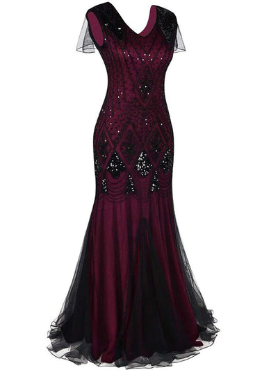 Vinröd Och Svart Haute Couture Lång Gatsby-Klänning