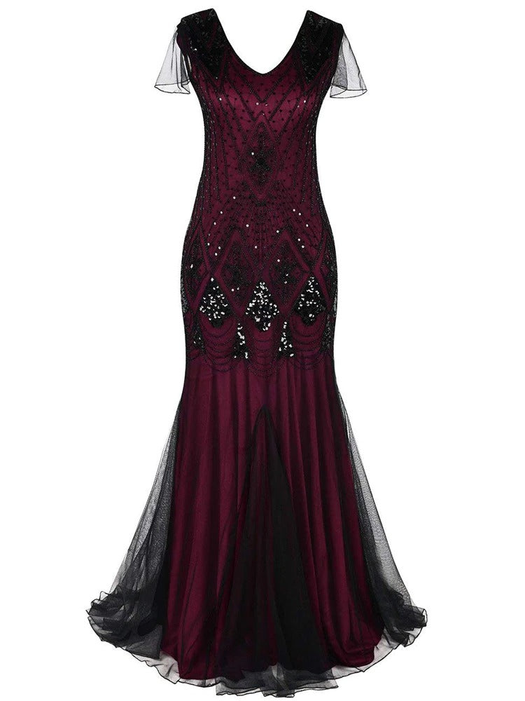Vinröd Och Svart Haute Couture Lång Gatsby-Klänning
