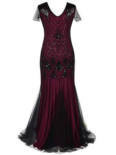 Vinröd Och Svart Haute Couture Lång Gatsby-Klänning