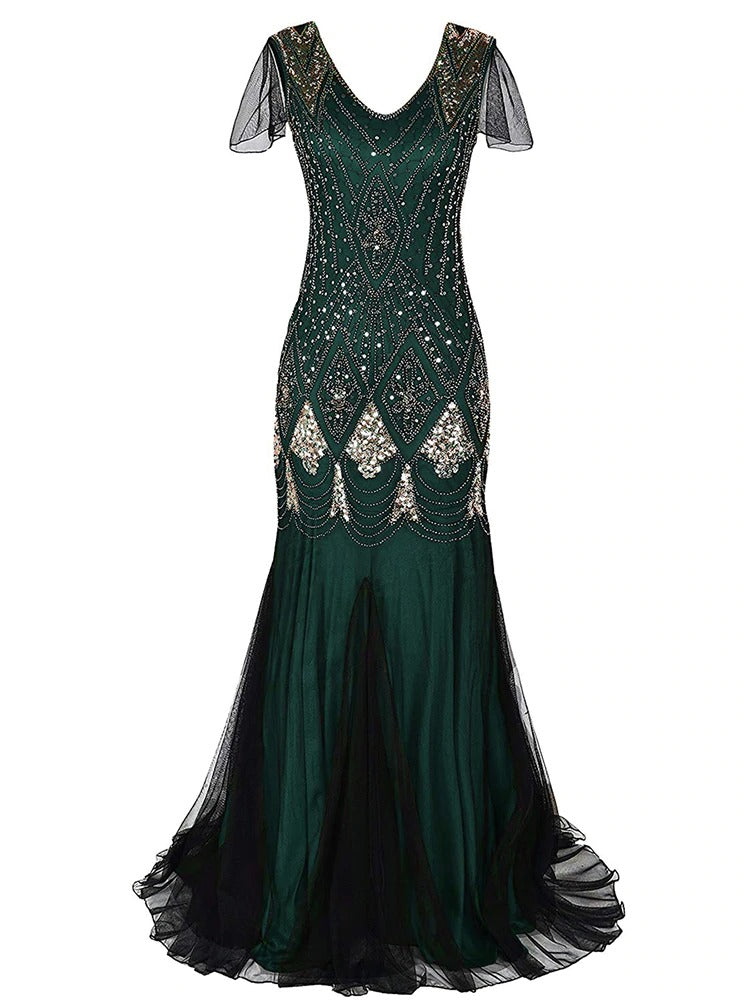 Lång Grön Haute Couture Gatsby Klänning