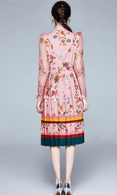 Lång Vintage Blommig Klänning Rosa