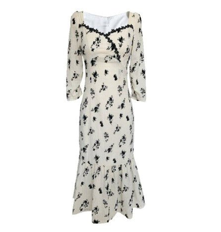 Vintage Kaki Blommig Lång Klänning