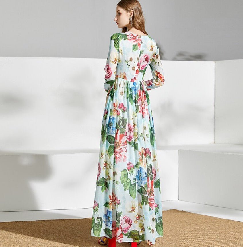 Grön Vintage Blommig Lång Klänning
