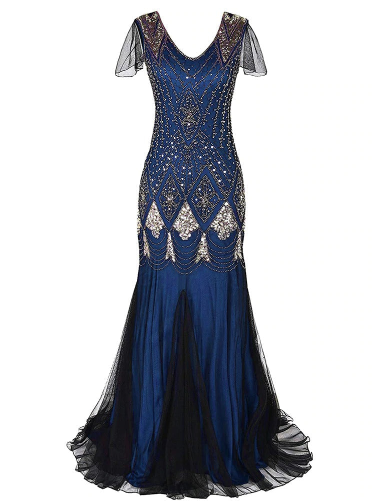 Lång Blå Haute Couture Gatsby Klänning