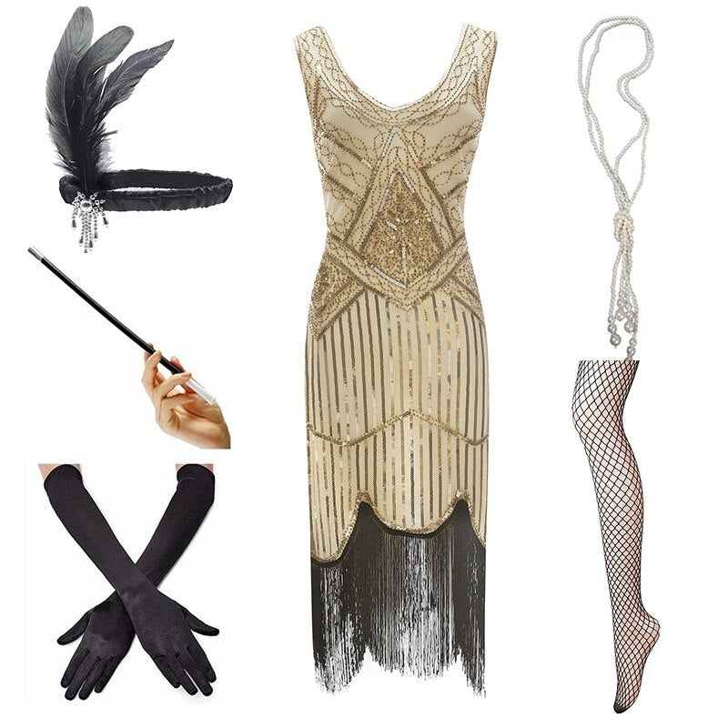 Vintage 1920 Klänning Beige Svart