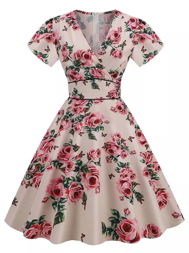 Vintage 60-Tal Beige Blommor Klänning