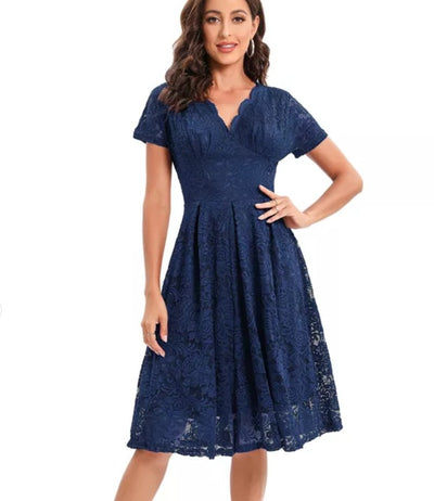 Vintage Marinblå Broderiklänning