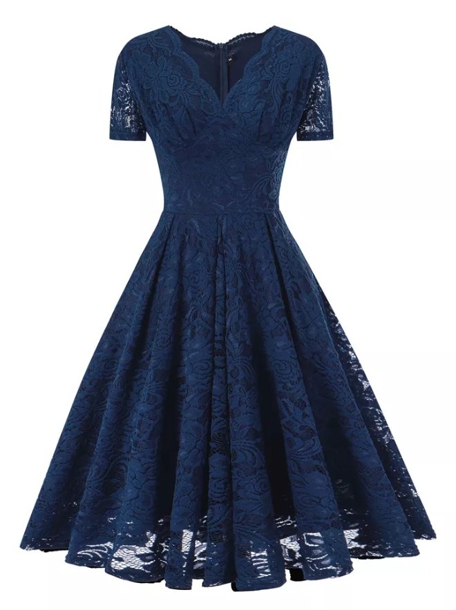 Vintage Marinblå Broderiklänning