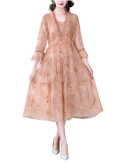 Vintage Blommig Broderiklänning