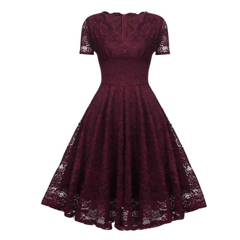 Vintage V-Ringad Spetsklänning Burgundy