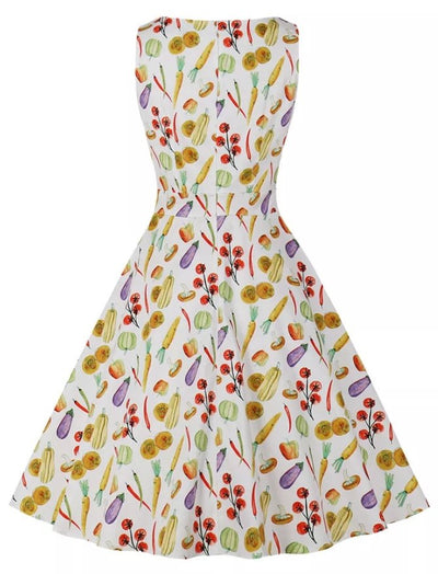Vintage Rund Halsad Klänning Grädde Blommor