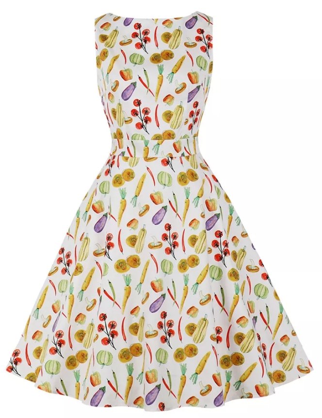 Vintage Rund Halsad Klänning Grädde Blommor