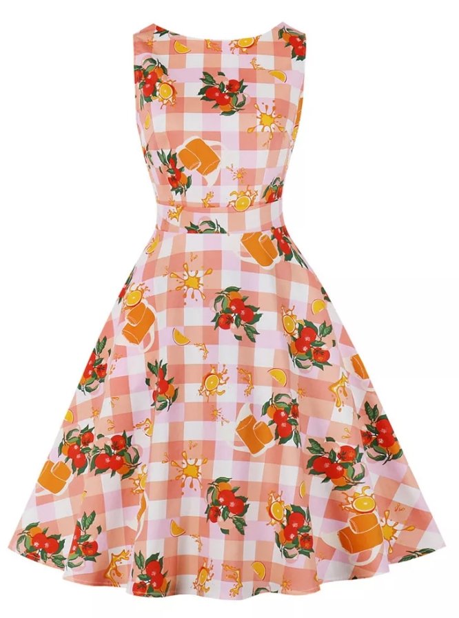 Vintage Rundhalsad Rosa Blommor Klänning