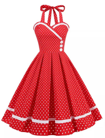 Vintage Röd Prickig Klänning Med Rund Hals