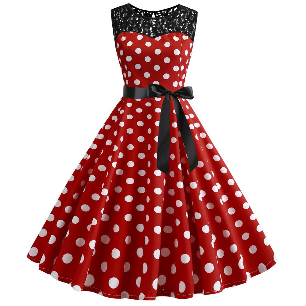 Vintage Röd Spets Polka Dot Klänning
