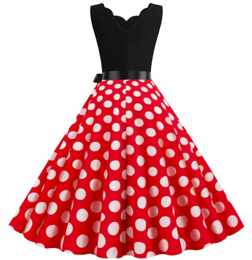 Vintage Röd Polka Dot Klänning För Kvinnor