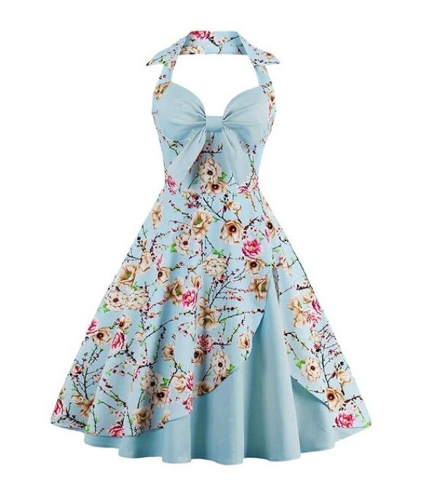 Vintage Klänning Plus Size Beige Blå Blommor