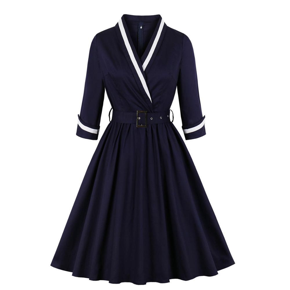 Vintage Plus Size Navy V-Ringad Klänning