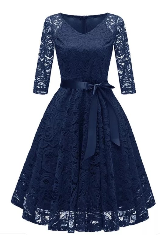 Blå Spets Plus Size Vintage Klänning