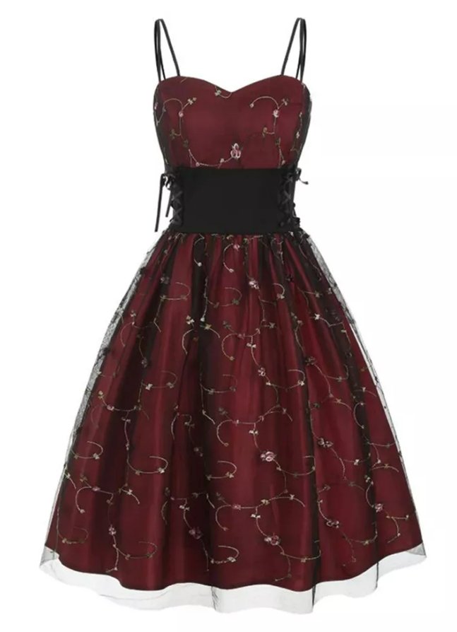 Vintage Plus Size High Waist Klänning Burgundy