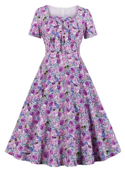 Vintage Plus Size High Waist Klänning Lila
