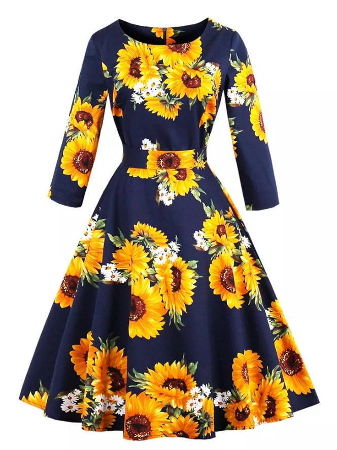 Vintage Plus Size Långärmad Blå Klänning
