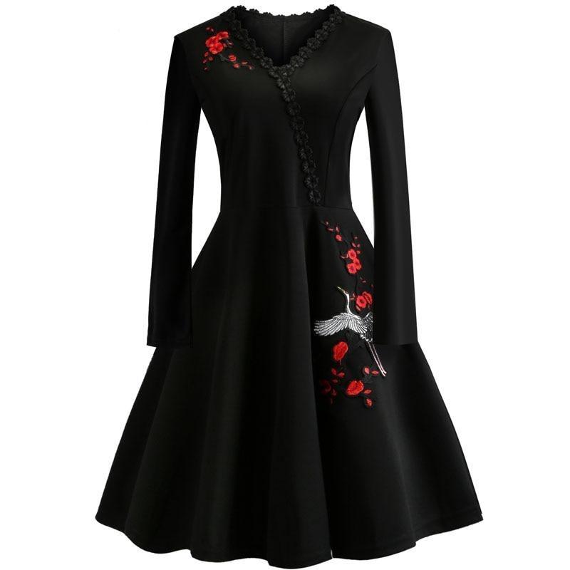 Vintage Plus Size Svart Broderade Blommor Klänning